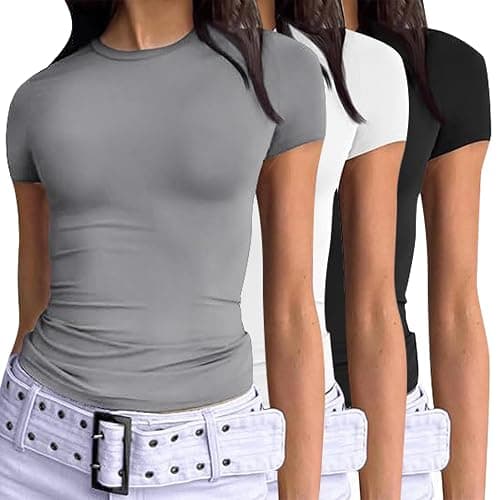 VELISDE Women's 3 Pack Short Sleeve Shirts Basic Slim Fit Crop Tops Going Out Tops 2025 Spring Summer Tight Tees Y2k - Image 1