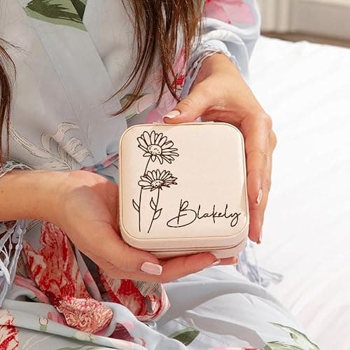 Yofair Personalized Jewelry Box with Birth Flower Bridesmaid Gifts Custom Leather Travel Jewelry Case Ring Box Birthday Christmas Gifts for Women thumbnail 2