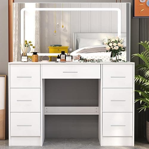 Caulitar 55.1" H White Big LED Vanity Desk with Mirror and Lights,Premium 7 Drawers & Wider Desktop Big Makeup Vanity for Girsl Teens Adults Bedroom thumbnail 3
