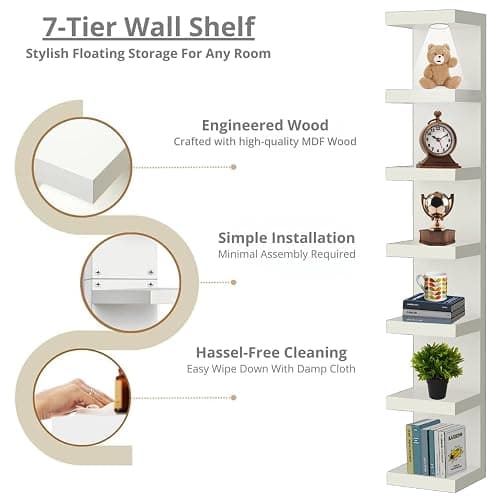 MAC Wall Shelf Unit, Wall Shelves, Vertical Column Shelf Storage Home Decor Organizer Design Utility Shelving, Design for Bedroom Living Room, White thumbnail 4