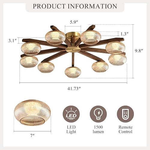 Walnut Wood LED Ceiling Light Fixture, Modern 9-Light Semi-Flush Mount with Glass Shades, 41" Farmhouse Chandelier Walnut & Brass for Living Room, Dining Room, Bedroom thumbnail 6