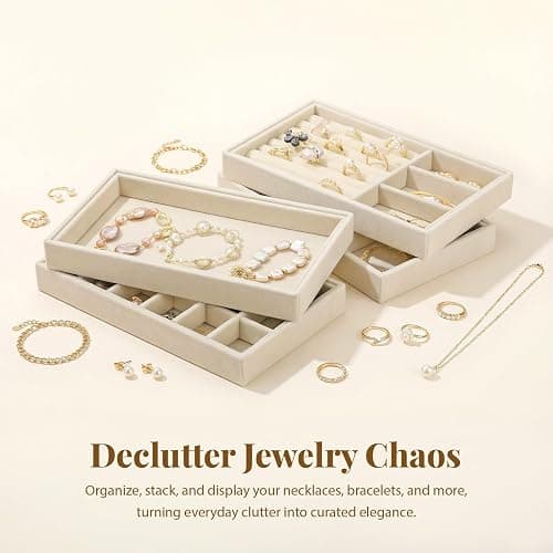 Elsjoy 8 Pack Velvet Jewelry Trays, Stackable Jewelry Organizer Trays for Drawers, Beige Jewelry Storage and Display Tray Inserts for Necklaces, Rings, Earrings thumbnail 7