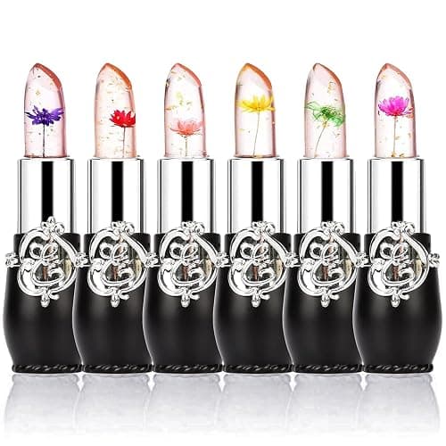 firstfly Pack of 6 Crystal Flower Jelly Lipstick, Long Lasting Nutritious Lip Balm Lips Moisturizer Magic Temperature Color Change Lip Gloss (Black) - Image 1