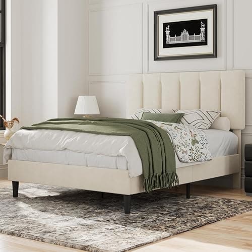 VECELO Queen Bed Frame with Upholstered Headboard, Heavy-Duty Platform Bedframe with Strong Wooden Slats Support, No Boxing Spring Needed, Pale Beige - Pale Beige - Queen - Platform