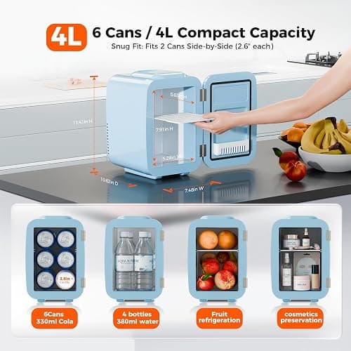 YASHE Mini Fridge, 4 Liter/6 Can Mini Makeup Fridge, 110V AC/ 12V DC Portable Thermoelectric Cooler&Warmer for Skincare, Drink, Cosmetic, Medicine, Small fridge for Bedroom, Office, Dorm, Car, Blue thumbnail 5