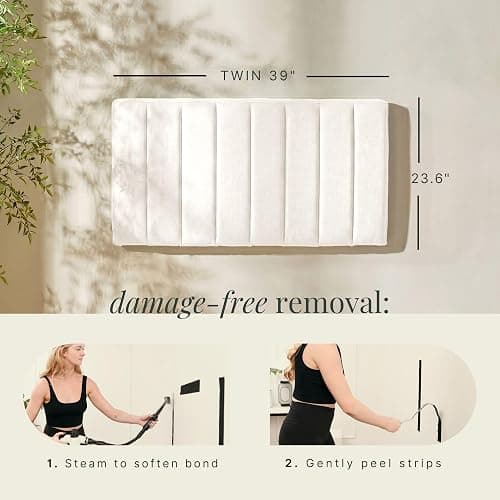 Hearth & Harbor Wall Mounted Twin Headboard Only, Bed Headboard Twin Size | Easy Assemble, Floating Peel & Stick, Upholstered Channel Stitched, 3D Wall Panels, 5 Strips of 3M Tape Included, Off White thumbnail 2