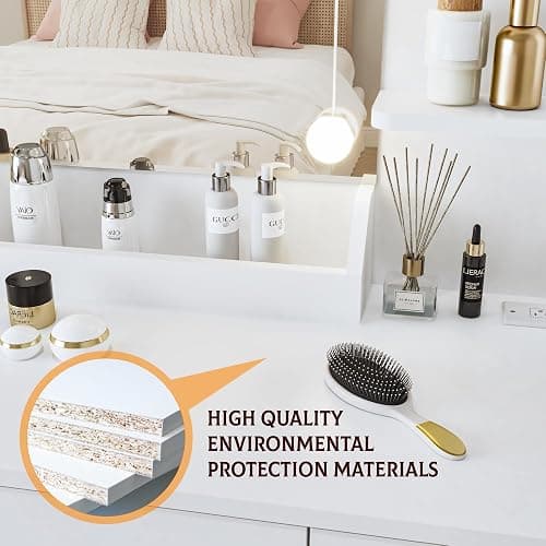 Yegosh Vanity Desk with Mirror and Lights Dimmable LED Makeup Table with Drawers Side Cabinet 3 Storage Shelves Power Outlet Dressing Table Set Include Holder Cushioned Stool for Bedroom(White) - 35.4 Inch+white thumbnail 7