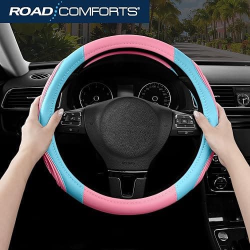 Road Comforts Car Steering Wheel Cover - Microfiber Leather Steering Wheel Wrap Sports 14.5-15 Inch Steering Wheel Cover Non-Slip for Men Women Pink & Blue Color thumbnail 5