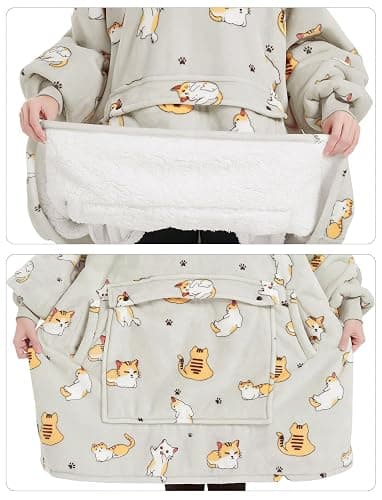 KFUBUO Wearable Blanket Hoodie for Adults Sherpa All Patterns Cat Oversized Sweatshirt Blanket with Pockets for Women thumbnail 6