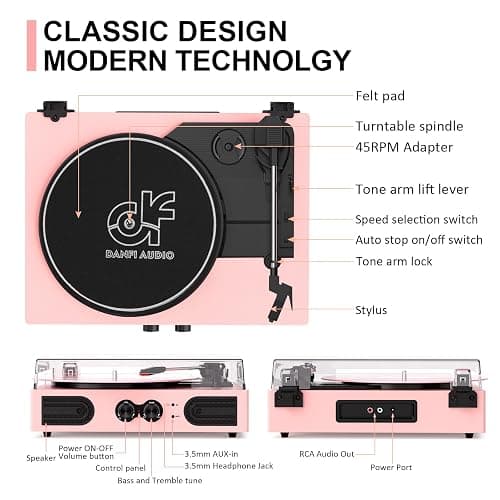 Vinyl Record Player with Built-in Speakers 3-Speed Vintage Record Player Support Treble& Bass Control, 3.5mm Headphone Jack, RCA-Out/Aux in, Belt-Driven LP Turntable,Pink thumbnail 4