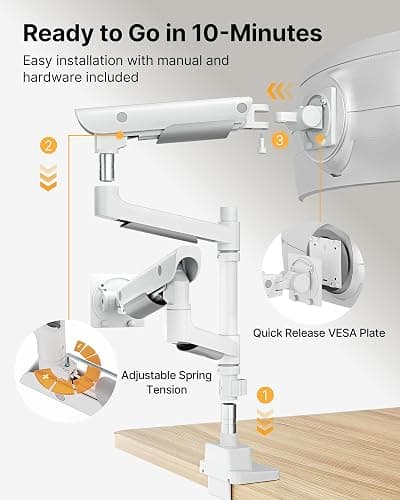monTEK Sleek Aluminum Monitor Arm for 17–57” Ultrawide Screens up to 59 lbs, USB 3.0 A/C, Heavy Duty Dual Monitor Arm Desk Mount, Pneumatic Lift, Quick-Release Plate, Clamp/Grommet, max VESA 100x100 thumbnail 6