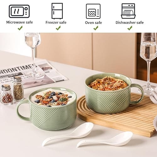 Adewnest Soup Bowls with Handles, Microwave Safe 38 Oz, Green | Extra Large Ceramic Soup Mug with Handle & Spoon - Oversized Ramen Bowl Set of 2, 6 Inch thumbnail 4