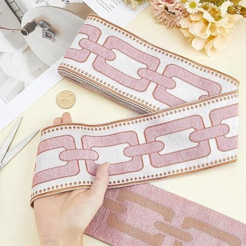 PH PandaHall 5.5Yard Embroidered Drapery Trim Geometric Ribbon 3.6" Wide Polyester Jacquard Grid Ribbon Pink Gray Drapery Banding Trim Tape for Drapes Curtain Banding Sewing Clothing Decor thumbnail 2