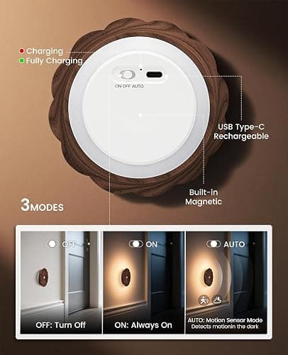 Vadifula Motion Sensor Night Light Wooden Carved Flower USB Rechargeable Stick-On Step Lights Magnetic Mini Wall Lights for Hallway Bedroom Living Room Stair (Black Walnut) thumbnail 3