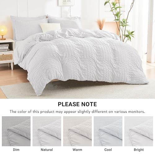 HYMOKEGE White Queen Comforter Set Seersucker 7 Pieces, All Season Luxury Bed in a Bag for Bedroom, Bedding Set with Comforters, Sheets, Pillowcases & Shams thumbnail 6