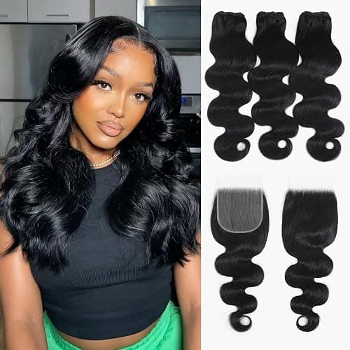 Bundles Human Hair 16 18 20+14 Inch 5x5 HD Lace 12A Body Wave Bundles with Closure 100% Unprocessed Brazilian Virgin Hair No Tangle Shedding Keep Texture Silky Soft for Women - Image 1