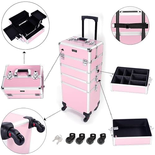 mefeir 4 in 1 Rolling Makeup Train Case, Aluminum Makeup Travel Organizer Cosmetic Case, Cosmetology Display Suitcase on Wheels, Beauty Storage Luggage Lockable w/4 Removable Wheels (Pink) thumbnail 3