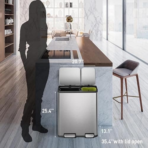 EKO EcoCasa Stainless Steel Dual Step Trash Can for Recycling, 30L+20L Rectangular Kitchen Trash Can, Independent Pedals and Lids, Soft Close and Fingerprint Resistant - 30L + 20L thumbnail 2