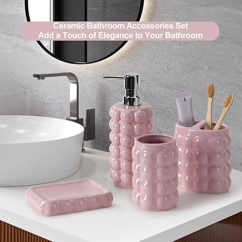 4 Piece Ceramic Bathroom Accessories Set –Soap Dispenser,Toothbrush Holder,Tumbler & Soap Dish,Includes Silicone Funnel,Non-Slip,Modern Farmhouse Countertop Organizer Set for Bathroom Decor, Pink thumbnail 7