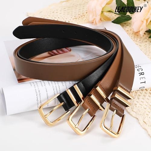 LEACOOLKEY 3 Pack Women's Leather Belts for Jeans Dress Pants Fashion Ladies Leather Belts with Gold Buckle thumbnail 5