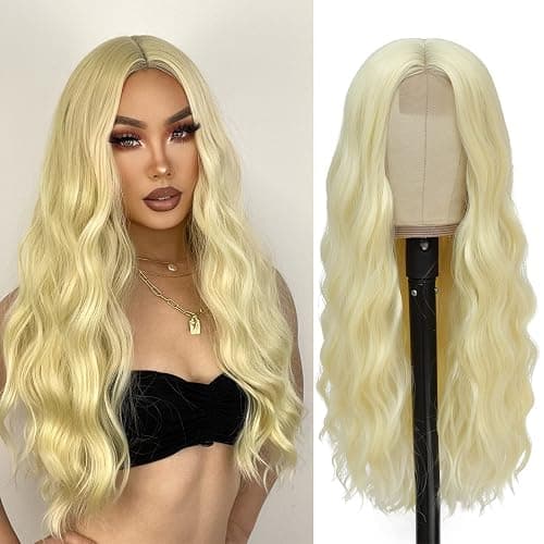 YBYMCAI Blonde Wig - Long Blonde Wavy Wigs for Women Middle Part 613 Wigs 26 inch Natural Curly Synthetic Wig Heat Resistant Fiber Wigs for Daily Party Use - Blonde - Image 1