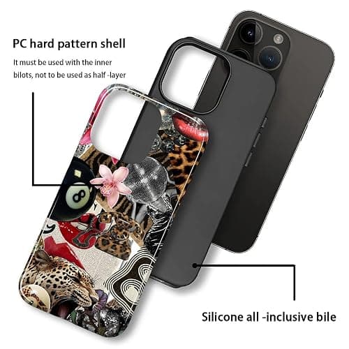 Compatible with iPhone 15 Plus Case - Dual-Layer Protection, Hard Shell with Silicone Interior,Slim Scratch Resistant Shockproof for Woman Men - Leopard Print Retro Collage thumbnail 3
