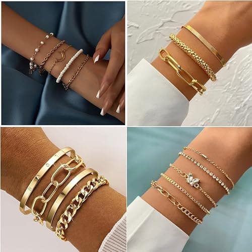 IFNODO 28pcs Gold Chain Bracelets Set for Women 14K Gold Plated Multiple Layered Bangle Adjustable Link Bracelet Anklet Fashion Accessories Jewelry Gift thumbnail 7