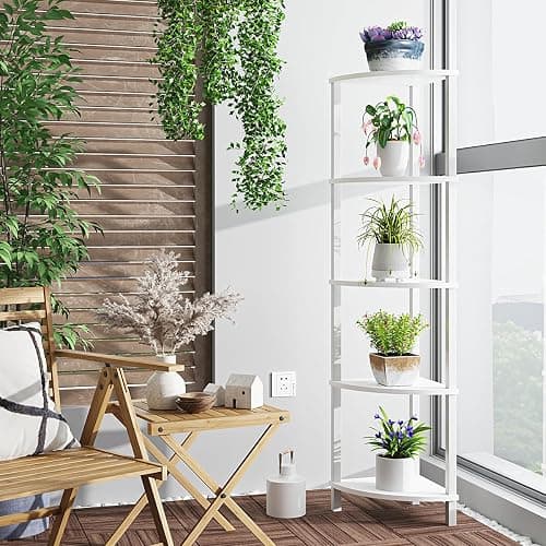 VIMBER Corner Shelf, 5-Tier Corner Bookshelf, Industrial Corner Ladder Shelf, Modern Display Shelf for Living Room, Bedroom, Kitchen, Home Office, White UJSJ001W thumbnail 5