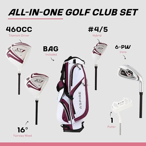 Aspire X1 Womens Golf Clubs Full Set, Includes Driver, Fairway, Hybrid, 6-PW Irons, Putter, Stand Bag, 3 H/C's, Light Graphite Shafts, Golf Clubs Women Right Handed, Purple, Regular or Petite Size thumbnail 2