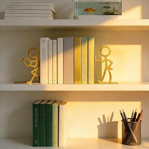 Metal Bookends People Book-end, Decorative Cute Book Ends for Shelves in Home Office Desk, Bookshelf Decor & Gift, Stable Storage (Gold Readers) thumbnail 7