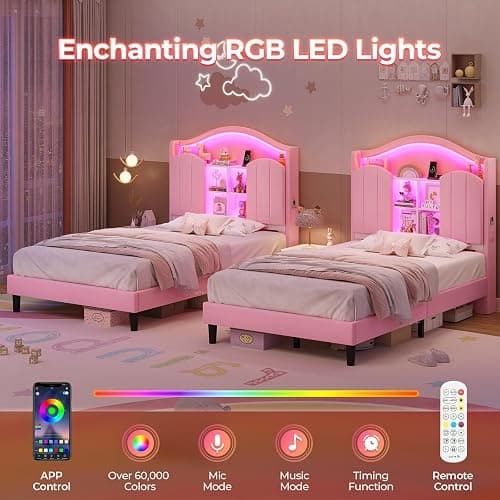 BTHFST Twin Girl Bed with LED Lights & Charging Station, Upholstered Storage Headboard Platform Twin Size Princess Bed Frame, No Box Spring Needed/Noise-Free/Easy Assembly, Pink thumbnail 4