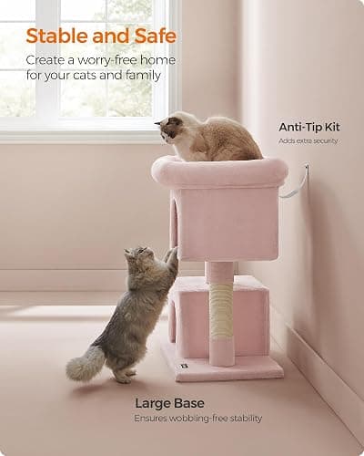 Feandrea Cat Tree, 33.1-Inch Cat Tower, Plush Condo for Large Cats up to 16 lb, Large Perch, 2 Caves, Scratching Post, Jelly Pink UPCT061P01 thumbnail 8
