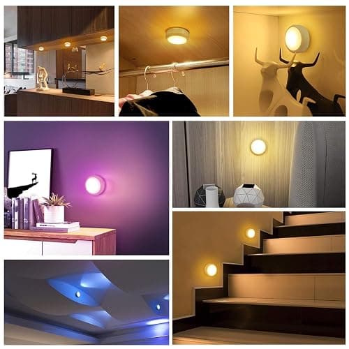 BLS LED Puck Lights with Remote Control, Wireless Under Cabinet & Closet Lighting, RGB 13 Color Changing Lights with Dimmer, Timer & AA Battery Operated, Push, Touch, Stick on for Night, White, 6 Pack thumbnail 6