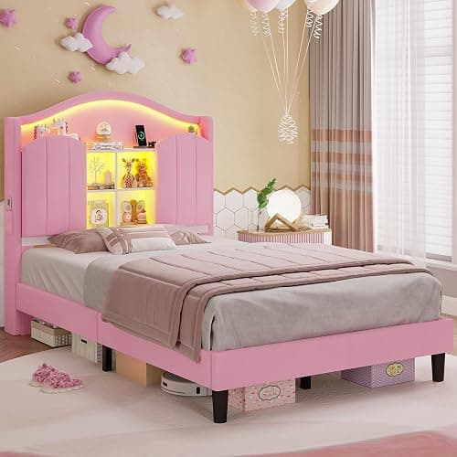 BTHFST Twin Girl Bed with LED Lights & Charging Station, Upholstered Storage Headboard Platform Twin Size Princess Bed Frame, No Box Spring Needed/Noise-Free/Easy Assembly, Pink - Image 1