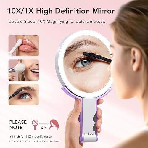 LitBear Travel Makeup Mirror with Light, Rechargeable Double-Sided 10X/1X Magnifying Mirror, Portable Lighted Beauty Mirror, 3 Color Lighting, Dimmable Touch Screen, Tabletop Handhold Hanging (Purple) thumbnail 3