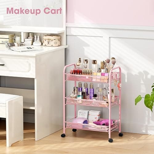 TOOLF 3 Tier Rolling Cart, Metal Utility Storage Cart with Wheels, Pink | 3 Hooks, Screwless Assembly, Trolley Organizer for Bathroom, Kitchen, Office, Nursery, Dorm, Laundry Room thumbnail 2