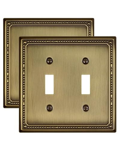 ZILLSEA 2-Pack Antique Brass Double Light Switch Cover Plates, 2 Gang Metal Switch Plate Covers, Decorative Pearl Design, 4.96''*4.88'', Midsize - Image 1