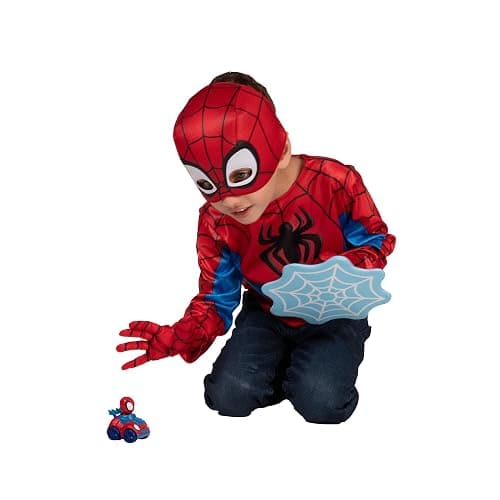 Marvel Spidey and Spin Official Toddler Dress-Up Set - Long-Sleeved Costume Tops with Fabric Half Masks, Gloves, Fabric Web Shields, and Mini Vehicles (3-4T) thumbnail 3
