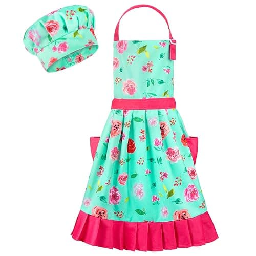 MHJY Kids Apron Hat Set for Girls Vintage Pleated Skirt Aprons with Adjustable Strap Pockets for Baking Cooking 8-12 Years - Image 1