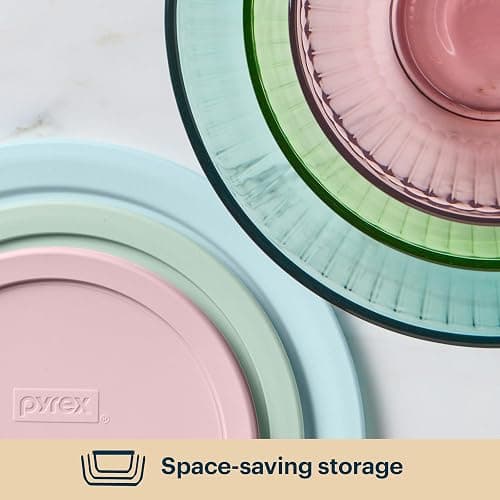 Pyrex Colors (3-Pack, Full Set) Sculpted Tinted Glass Mixing Bowls With Plastic Lids, Nesting Space Saving Set of Bowls For Prepping and Baking, 1.3QT, 2.3QT & 4.5Q, (Pink, Green, Aqua) thumbnail 4