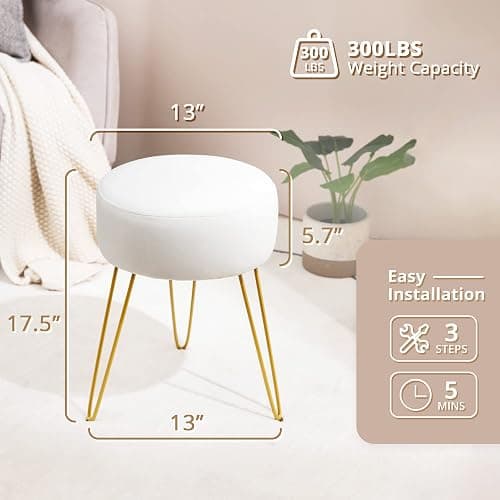 LUE BONA Vanity Stool, White Vanity Stools for Makeup Room, Round Ottoman Foot Stool, Velvet Footrest Vanity Chair for Bathroom Vanity, Bedroom, Living Room, Entryway, Offices thumbnail 3
