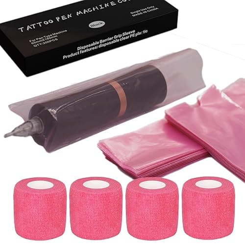 MIUXIA 200 Pink Tattoo Pen Covers & 4 Grip Tapes - Large Tattoo Machine Covers & Tattoo Tape Wrap - Tattoo Supplies - Image 1