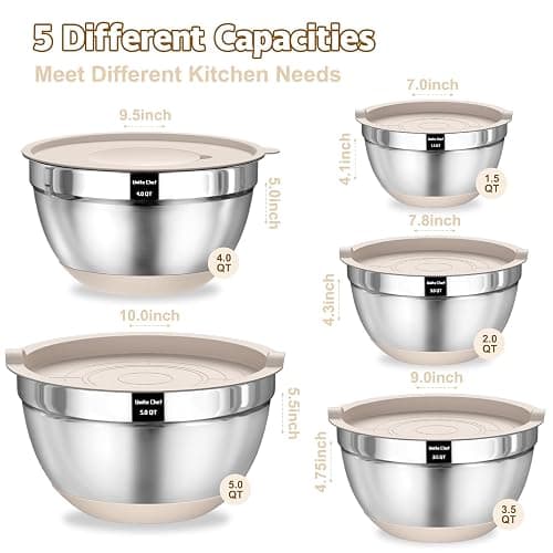Umite Chef Mixing Bowls with Airtight Lids Set, 8PCS Stainless Steel Khaki Nesting Bowls with Grater Attachments, Kitchen Bowls with Non-Slip Bottoms, Size 5, 4, 3.5, 2, 1.5QT for Mixing & Serving - Khaki thumbnail 2
