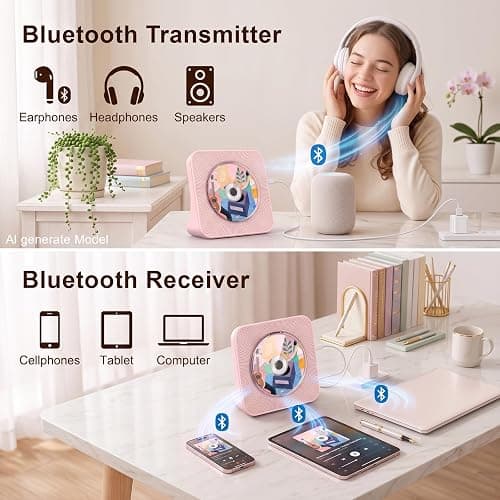 Portable CD Player with Bluetooth, Gueray Desktop CD Players for Home, Bulit-in Double HiFi Speakers, AUX&Headphone Jack, FM Radio Boombox with Remote Control, USB Port,LCD Display(Pink) thumbnail 4