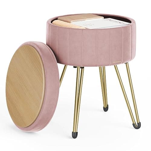 SONGMICS Vanity Stool Chair, Small Ottoman Stool with Storage, Velvet Makeup Stool, 15.4 Dia. x 17.5 H Inches, Jelly Pink ULOM003R01 - Image 1