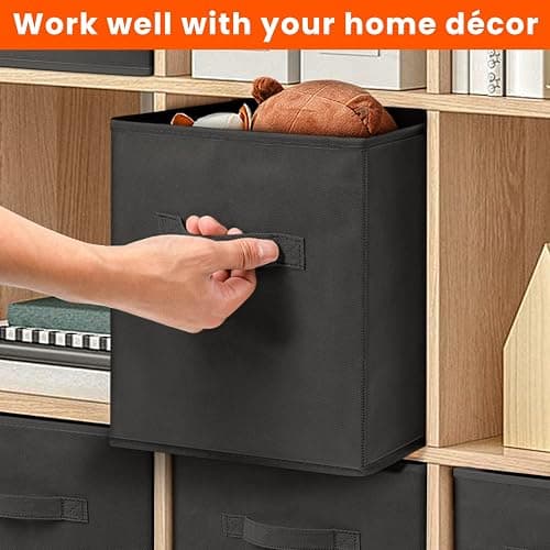 Criusia Storage Cubes - 11 Inch Heavy Duty Fabric Storage Bins for Shelves Closet, Cube Organizer - 8 Pack Collapsible Cube Storage Bins Baskets for Organizing Clothes Blankets Toys (Black) - Medium -11 inches - Black thumbnail 5