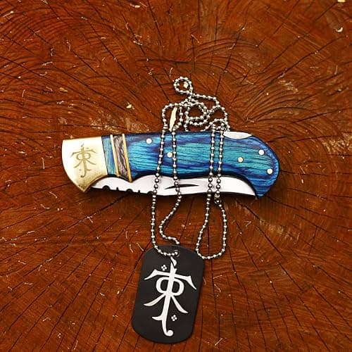 Huntex 3.25" Folding Pocket Knife, 420HC Blade, Pakka Wood Handle, Brass Lord of the Rings Symbol, EDC Tactical Knife with Gift Locket, Ideal for Camping, Survival, and Gifts (Blue Sheath) thumbnail 2
