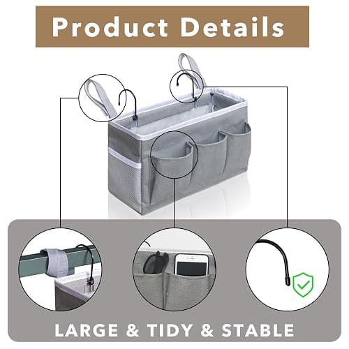 Kanrichu 2Pcs Beside Caddy Storage Organizer, Hanging Bag Holder with Pockets for Bedroom, Loft Bed Tent, Bed Curtain, Top Bunk bed Shelf Accessories Bedside Caddy 3-pocket (White-2pcs) thumbnail 5