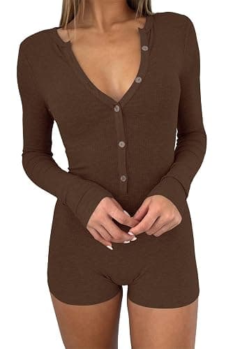 REVETRO Women's 2025 Spring Sexy V Neck Long Sleeve Shorts Romper Y2k One Piece Jumpsuit Bodycon Pajama Set Gym Bodysuit thumbnail 2