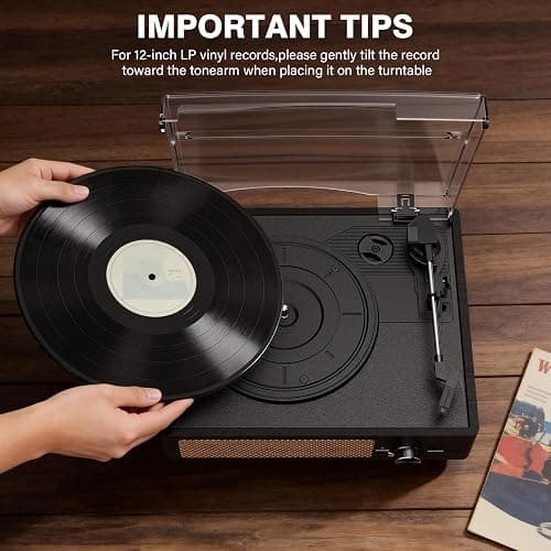 Record Player for Vinyl with 2 Build-in Speakers LP Vinyl Players Belt-Driven Vintage Turntables 3 Speed 3 Size, Wireless Bluetooth Playback, AUX-in, RCA Out, Headphone, Auto Stop thumbnail 8